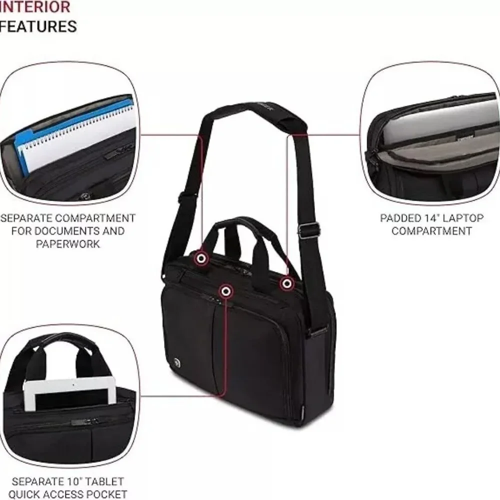 WENGER 14in Laptop Briefcase with Tablet Pocket Black Padded Interior Adjustable